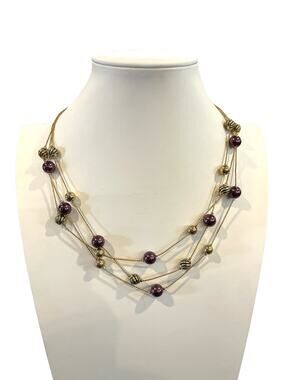 Vintage Purple Pearls And Gold Tone Metal Multi Strand Necklace - Estate